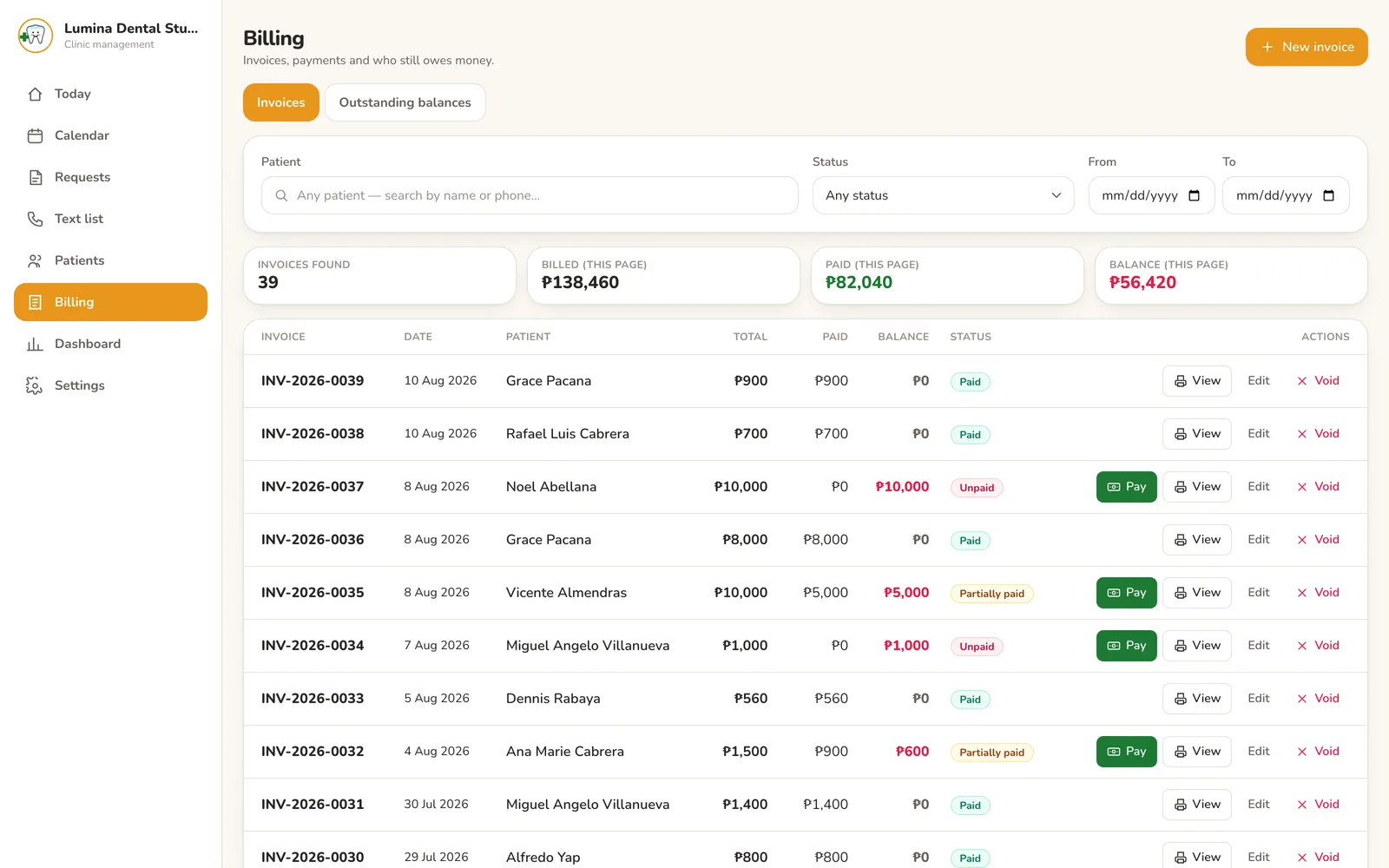 Billing: invoices with paid, partial and unpaid status, plus an outstanding balances view