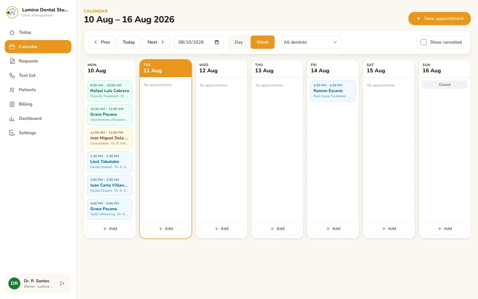 Week calendar with appointments by dentist