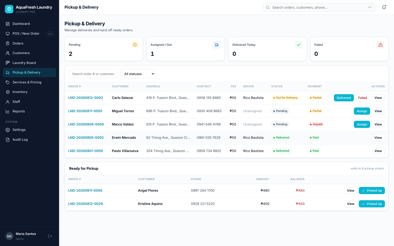 Pickup and delivery dispatch with driver assignment, addresses and delivery status