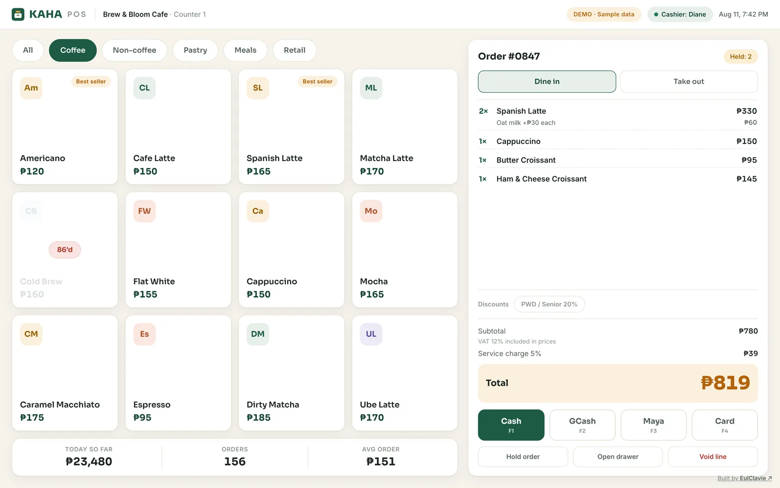 Kaha POS register with product grid, running order and large payment buttons
