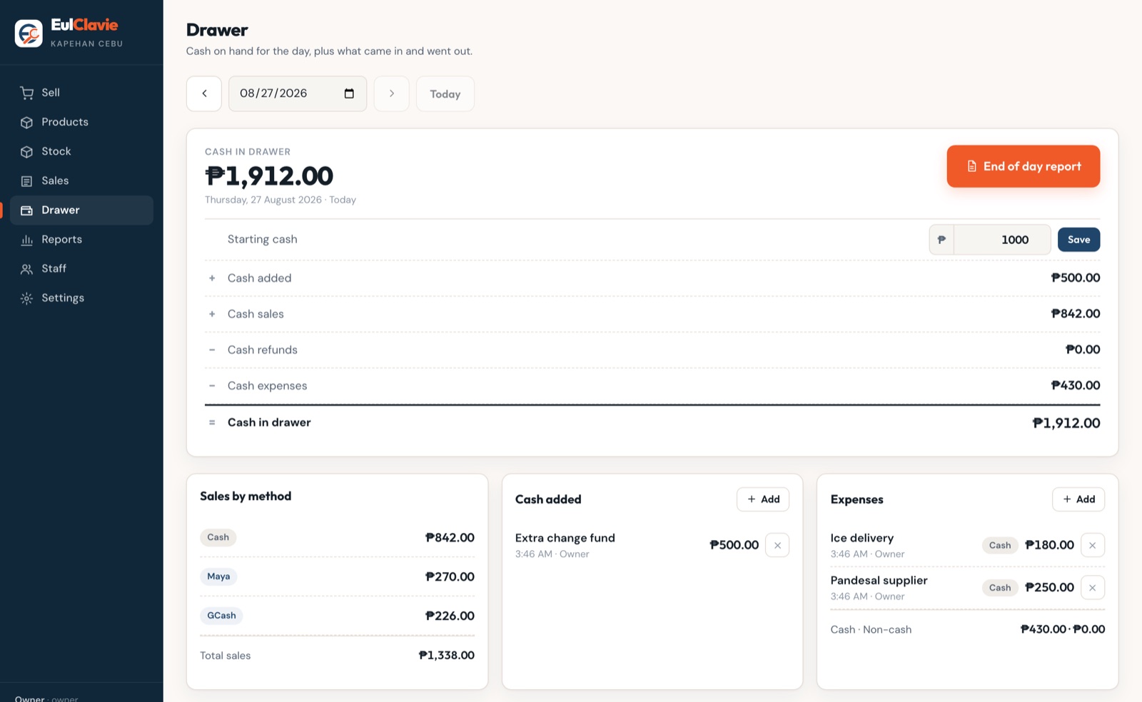 The cash drawer ledger, showing starting cash, cash sales, refunds and expenses, and the amount that should be in the box