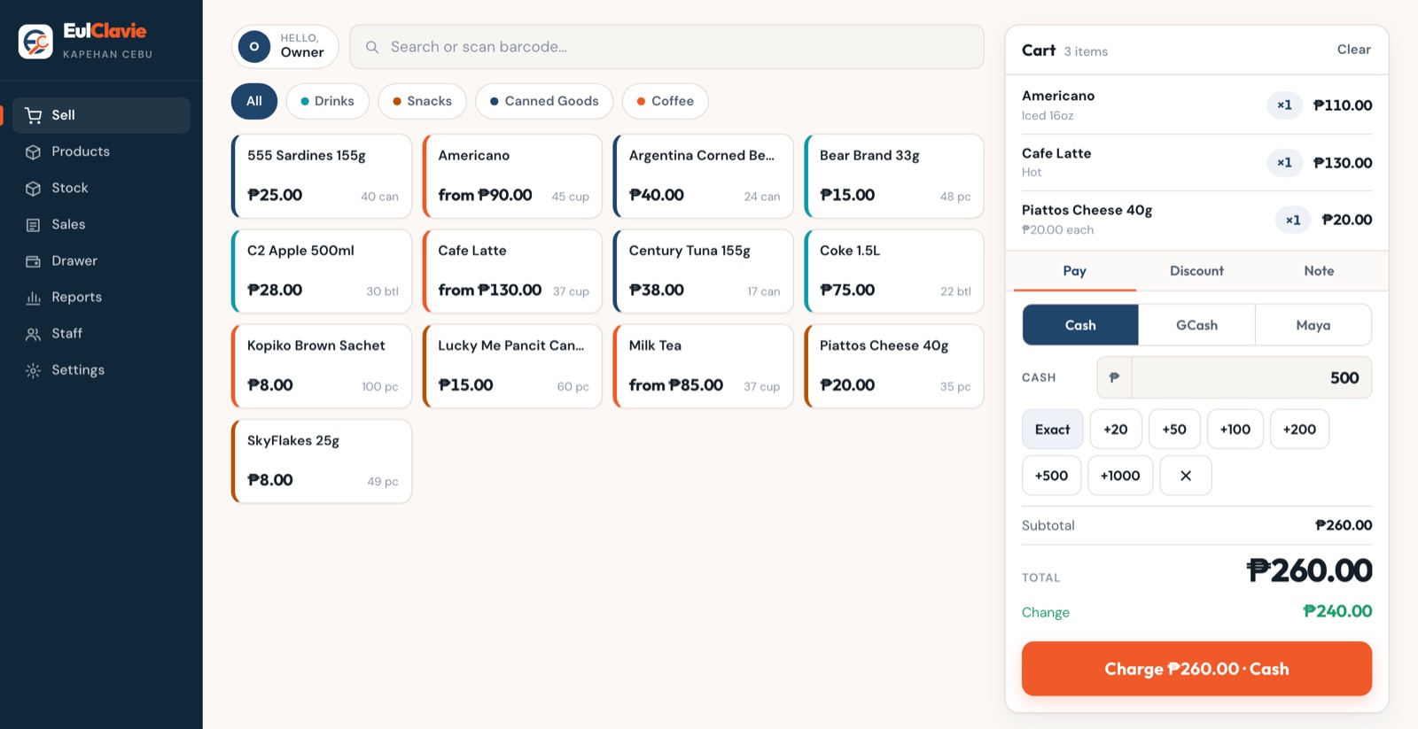 The payment panel, with large cash buttons that add up as you tap them and the change computed on screen