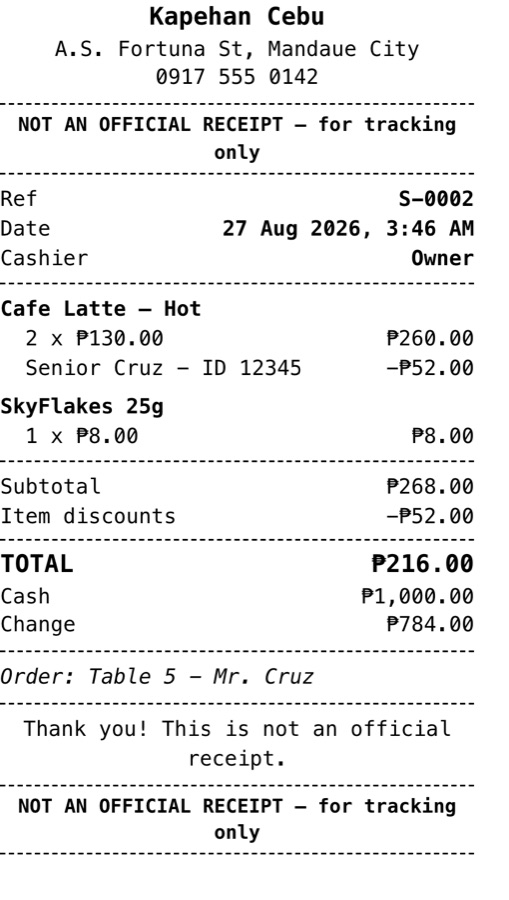 A simple printed customer slip listing the items, totals and payment for one sale