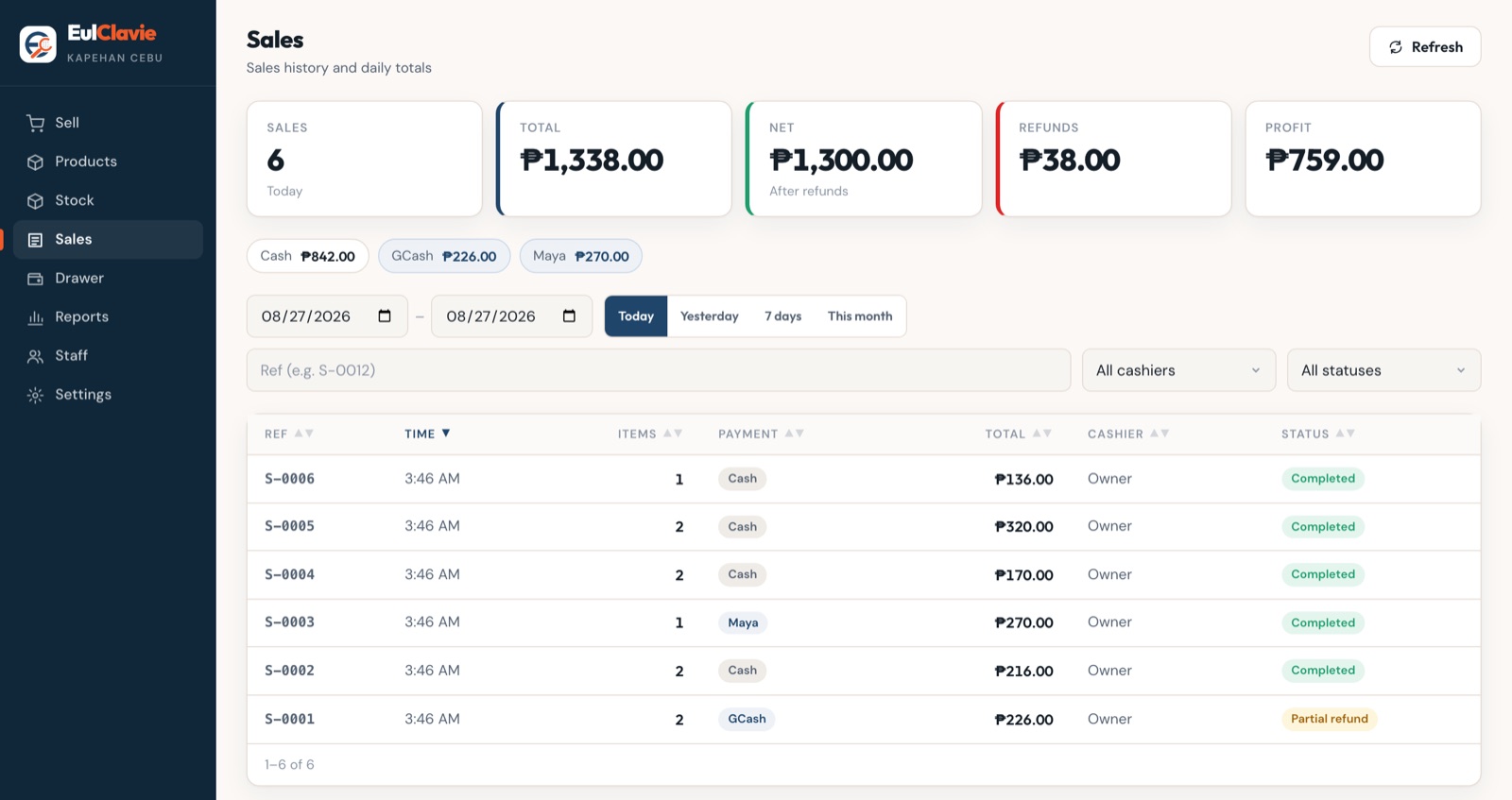 The sales history page, listing each sale with its items, payment method and total, and the refund action beside a sale