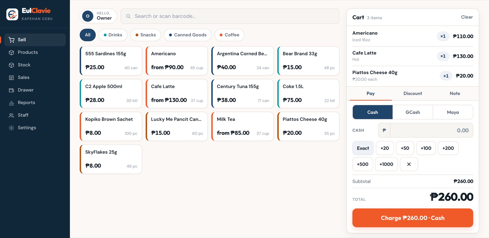 The sell screen on a desktop browser, with a grid of products on the left and the current order, totals and payment panel on the right