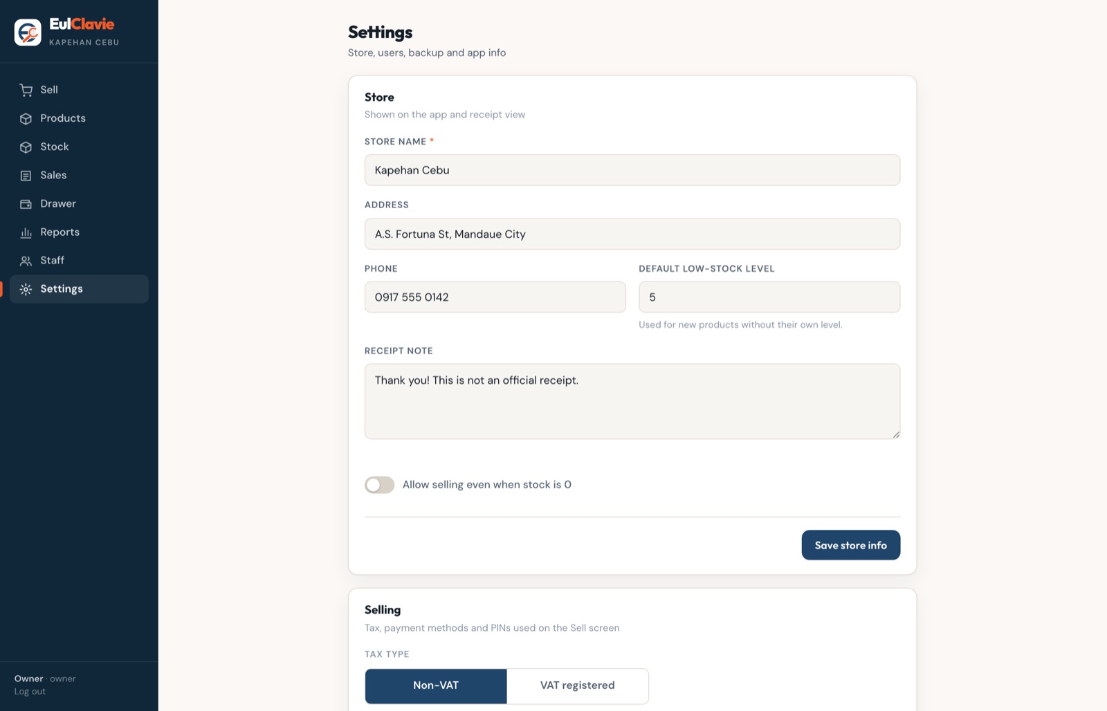 The settings page, where the owner controls the store's details, logo and preferences