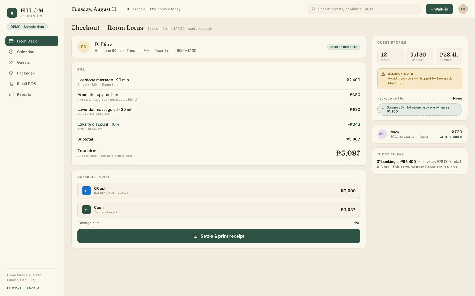 Checkout screen with bill lines, split payment and an automatically logged therapist commission