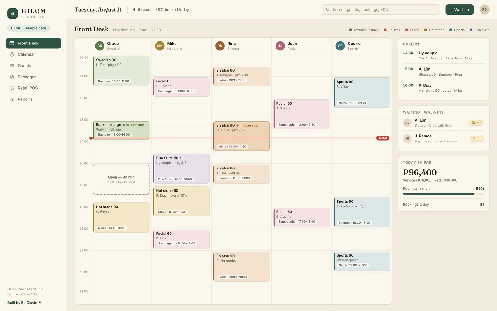 Hilom Studio OS front desk day timeline with therapist bookings