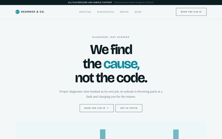 Quiet luxury sample website for Gearbox & Co., a placeholder auto repair