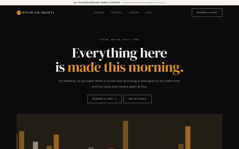 Quiet luxury sample website for Pan de Sal Society, a placeholder bakery