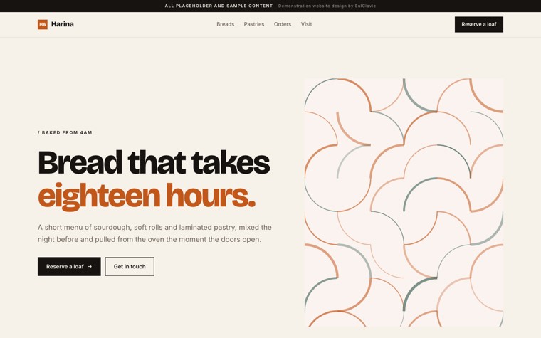 Swiss grid sample website for Harina, a placeholder bakery