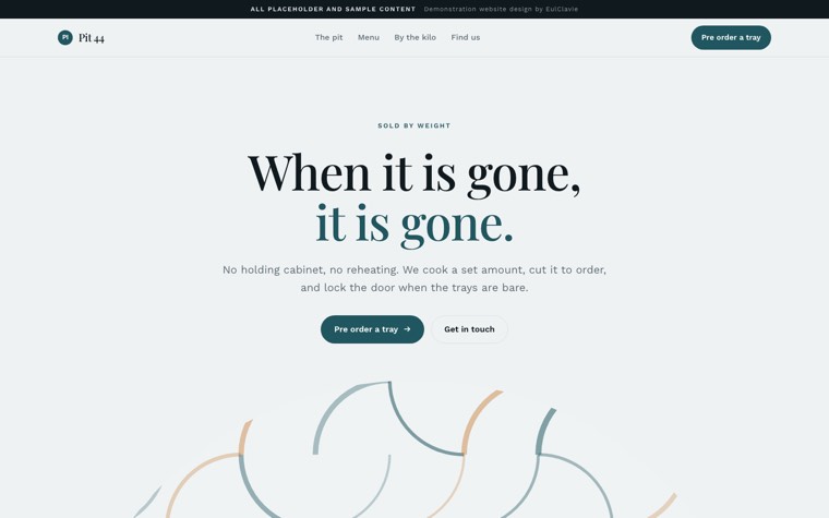 Arches sample website for Pit 44, a placeholder barbecue joint