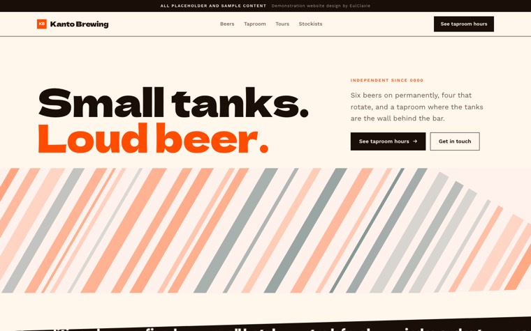 Diagonal bands sample website for Kanto Brewing, a placeholder craft brewery