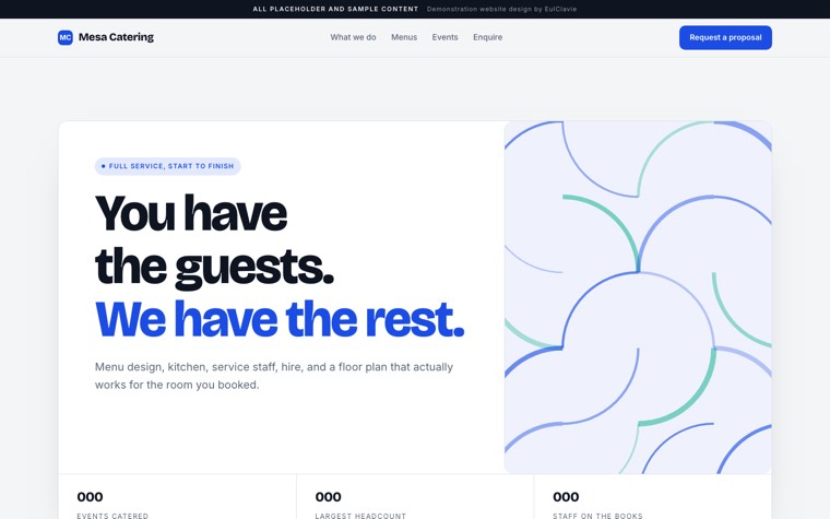 Product deck sample website for Mesa Catering, a placeholder catering company