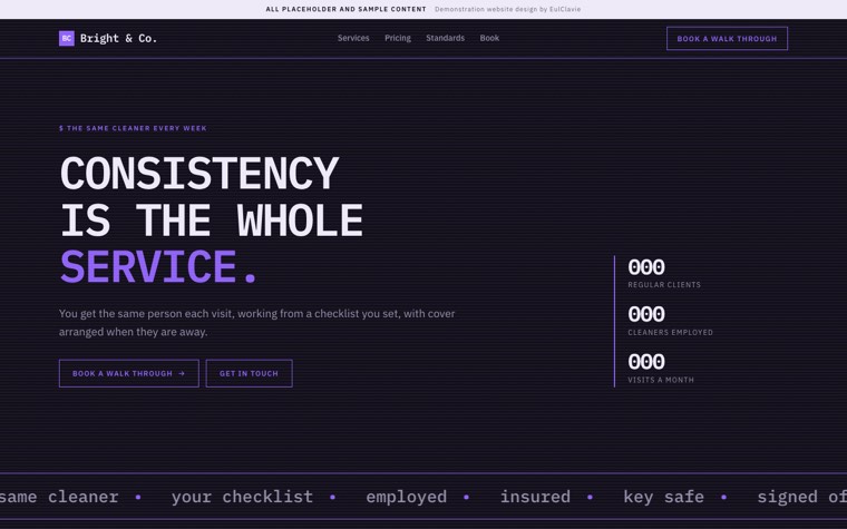 Console sample website for Bright & Co., a placeholder cleaning company
