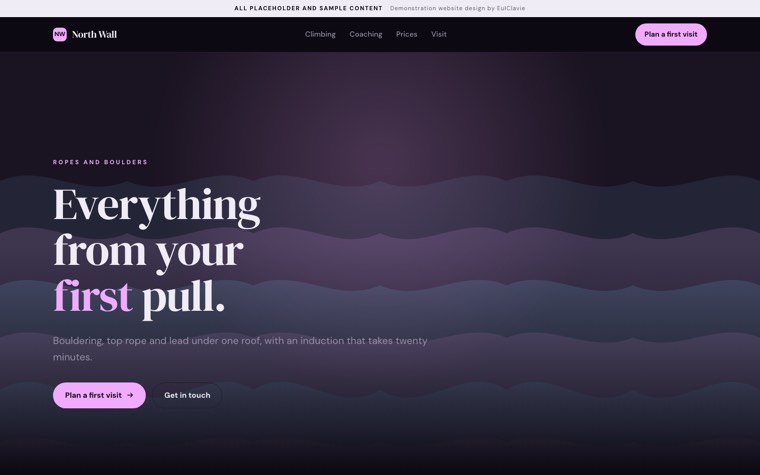 Dark glow sample website for North Wall, a placeholder climbing gym