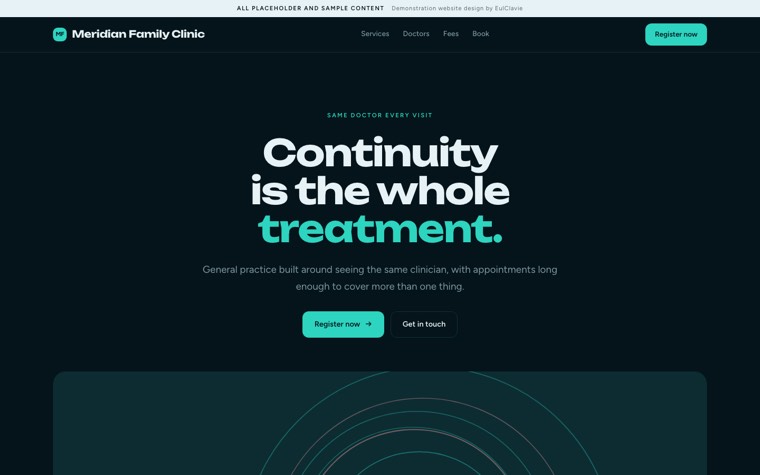Bento grid sample website for Meridian Family Clinic, a placeholder medical clinic