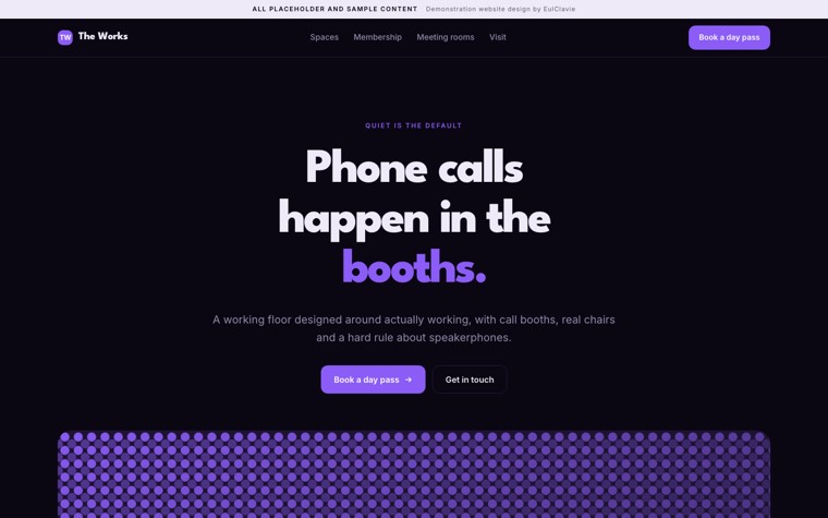 Bento grid sample website for The Works, a placeholder coworking space