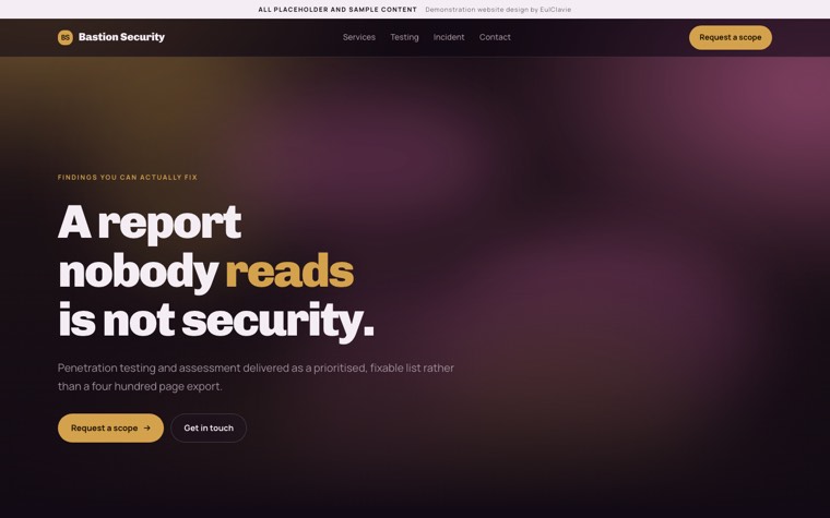 Gradient glass sample website for Bastion Security, a placeholder cybersecurity firm