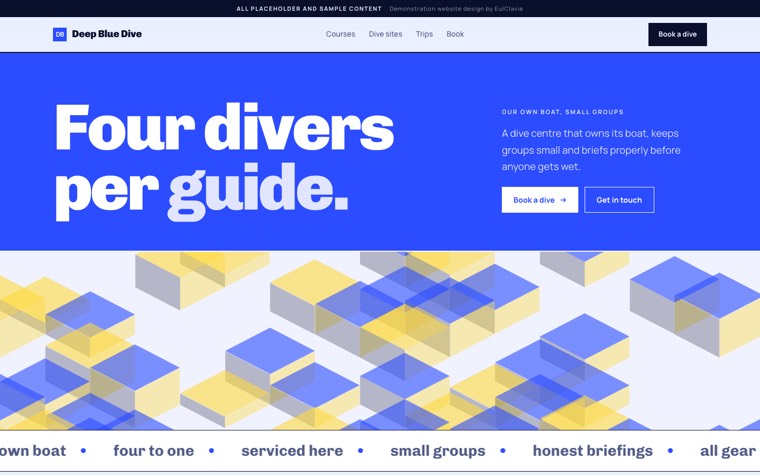 Poster type sample website for Deep Blue Dive, a placeholder dive centre