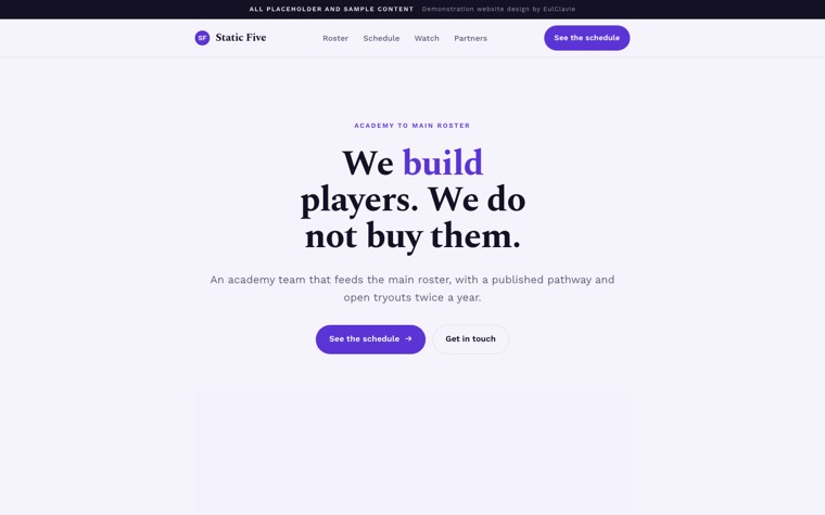 Single column sample website for Static Five, a placeholder esports team