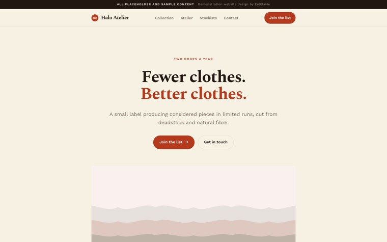 Single column sample website for Halo Atelier, a placeholder fashion label