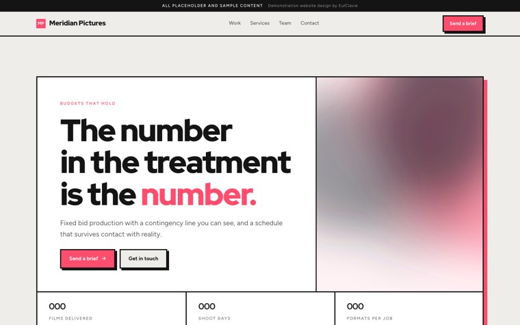 Neo brutalist sample website for Meridian Pictures, a placeholder film production