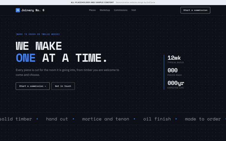 Technical mono sample website for Joinery No. 6, a placeholder furniture maker