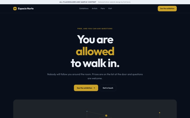 Bento grid sample website for Espacio Norte, a placeholder art gallery