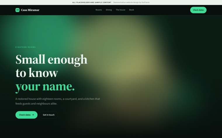 Dark glow sample website for Casa Miramar, a placeholder boutique hotel