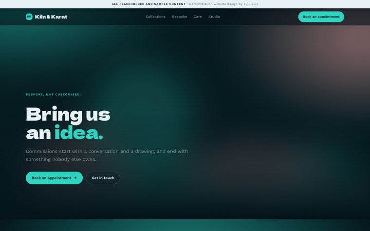 Gradient glass sample website for Kiln & Karat, a placeholder jewellery studio
