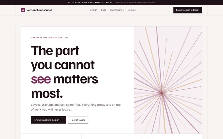 Ruled cells sample website for Verdant Landscapes, a placeholder landscaping