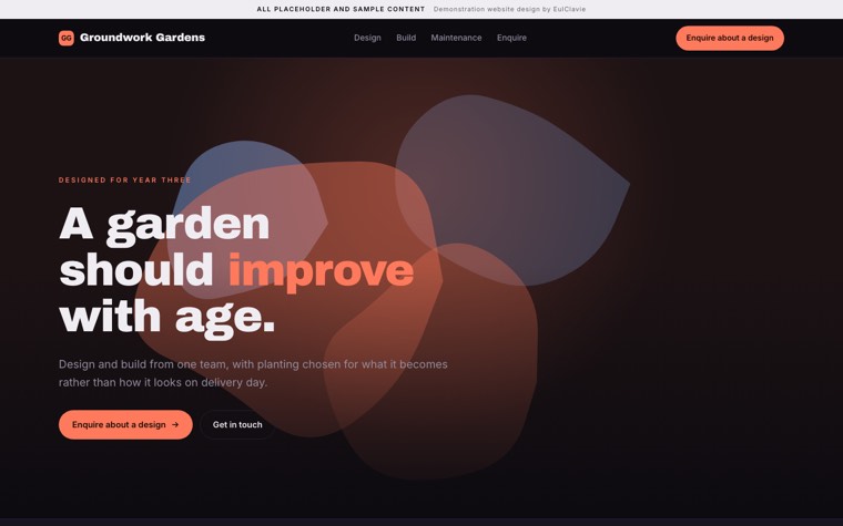 Dark glow sample website for Groundwork Gardens, a placeholder landscaping