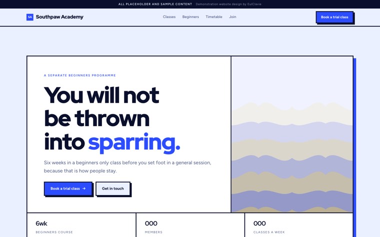Neo brutalist sample website for Southpaw Academy, a placeholder martial arts gym