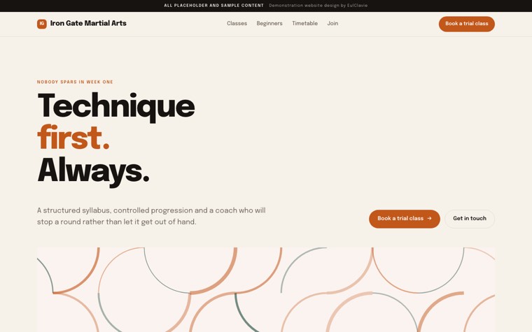 Stacked panels sample website for Iron Gate Martial Arts, a placeholder martial arts gym