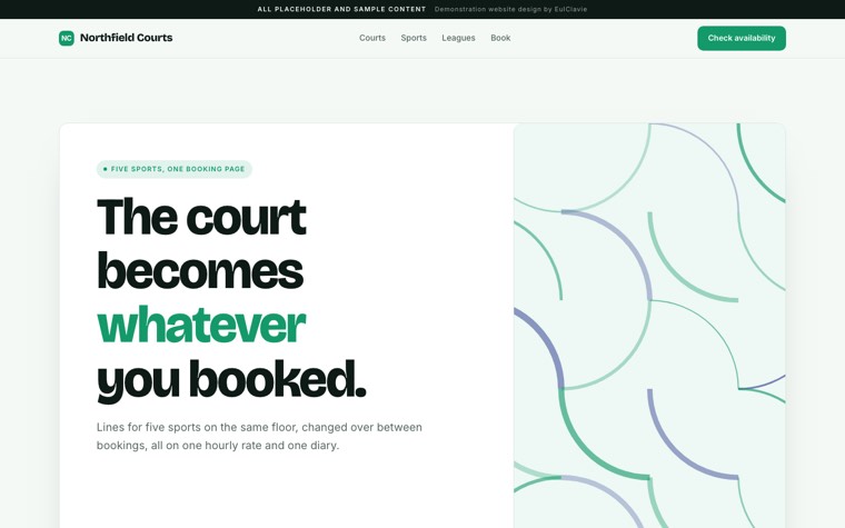Product deck sample website for Northfield Courts, a placeholder multi sport courts