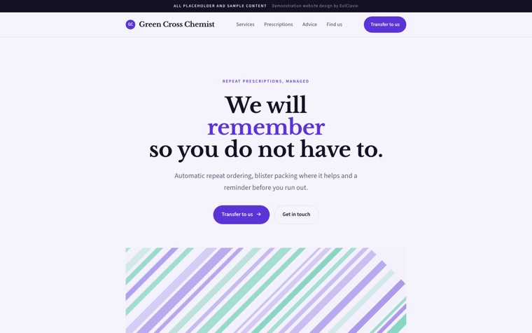 Single column sample website for Green Cross Chemist, a placeholder pharmacy