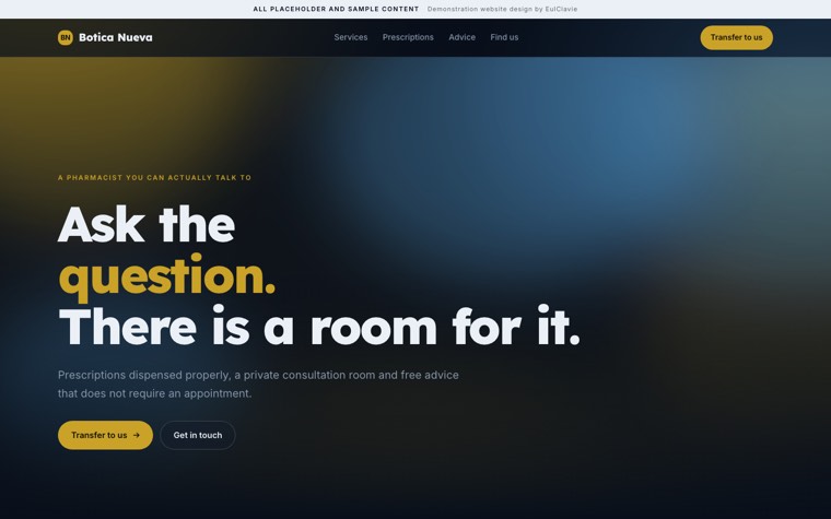 Gradient glass sample website for Botica Nueva, a placeholder pharmacy