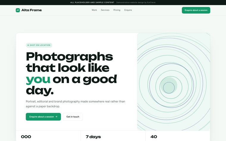 Product deck sample website for Alta Frame, a placeholder photography studio
