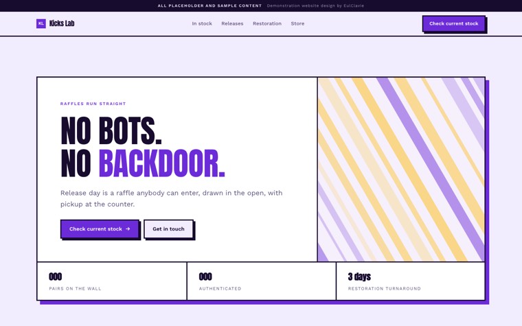 Neo brutalist sample website for Kicks Lab, a placeholder sneaker store