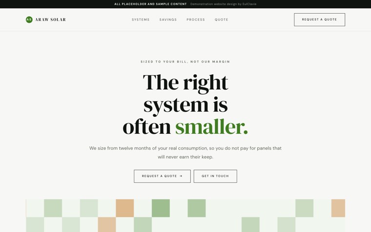 Quiet luxury sample website for Araw Solar, a placeholder solar installer