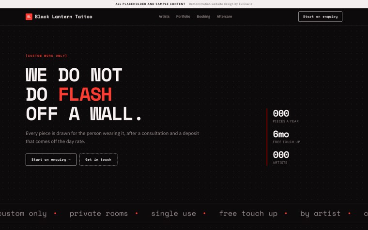 Technical mono sample website for Black Lantern Tattoo, a placeholder tattoo studio