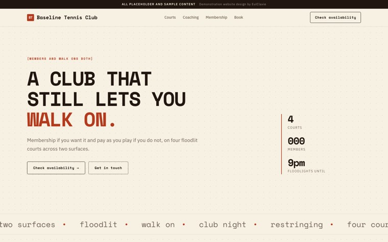 Technical mono sample website for Baseline Tennis Club, a placeholder tennis club