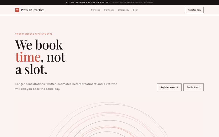 Editorial sample website for Paws & Practice, a placeholder veterinary clinic