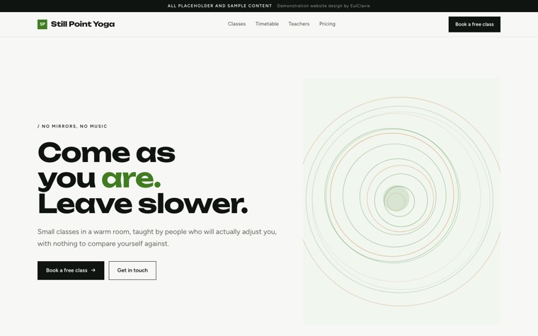 Swiss grid sample website for Still Point Yoga, a placeholder yoga studio